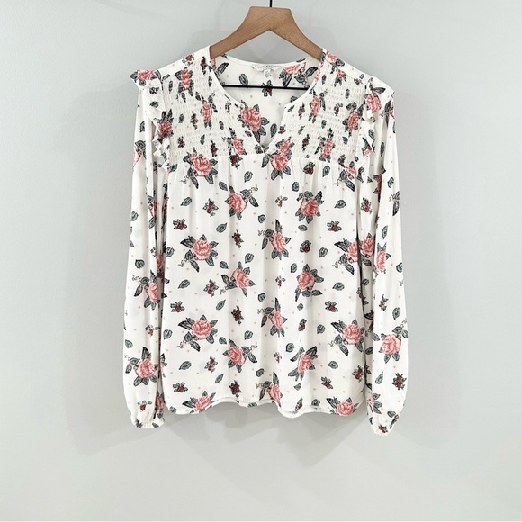 Lucky Brand Long Sleeve White Floral Smocked Blouse Size Small - Picture 1 of 5